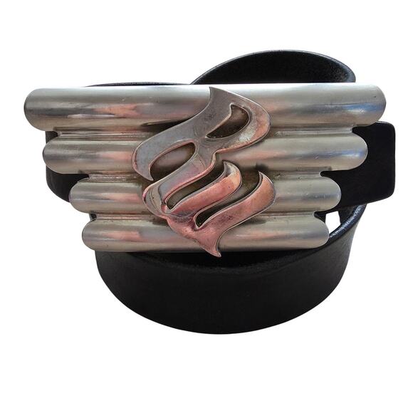 Vintage Rocawear Black Leather Large Silver Tone Logo Buckle One Size Large XL - Picture 1 of 8